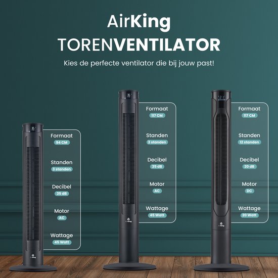 AirKing Ventilateur de tour 117cm - Ventilateur de colonne avec télécommande - Minuterie - 3 modes de vitesse - Oscillation & écran LED dimmable - Efficace sur le plan énergétique - Ventilateur de refroidissement pour la pièce - Noir