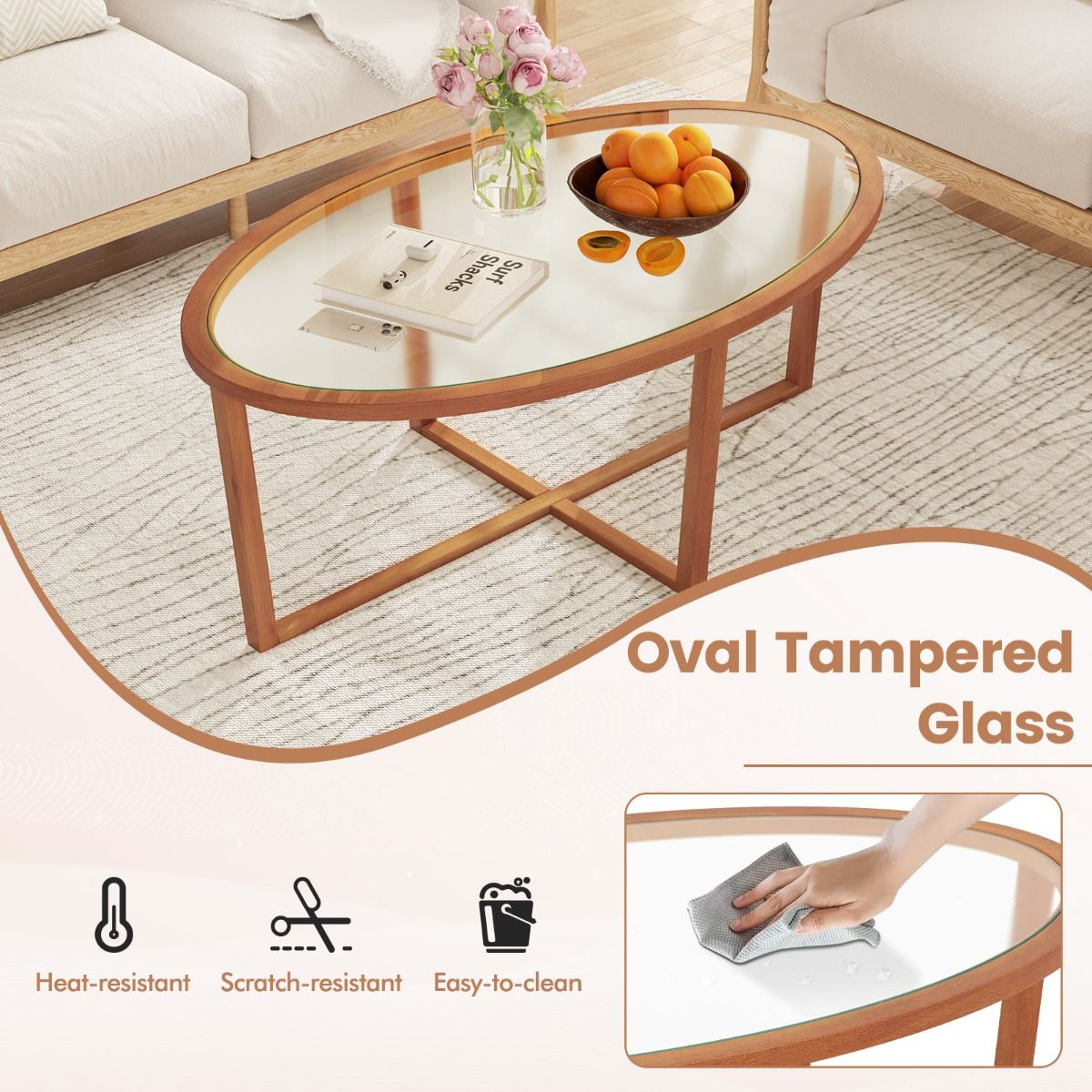 Table basse Coast - verre trempé ovale - piètement en croix en bois d'acacia - marron - 118 x 71,5 x 47,5 cm