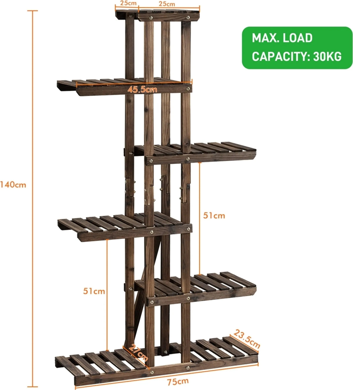 Yaheetech : étagère à plantes à 6 niveaux pour l'intérieur et l'extérieur, 140 cm de haut – marron – bois de sapin et métal
