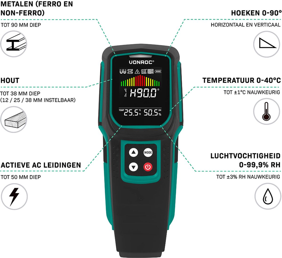VONROC Localisateur de tuyaux WD501DC - Multidétecteur pour métal, bois et électricité - avec mesure numérique de l'angle, de la température et de l'humidité - LCD multicolore - 17 x 7 x 3 cm