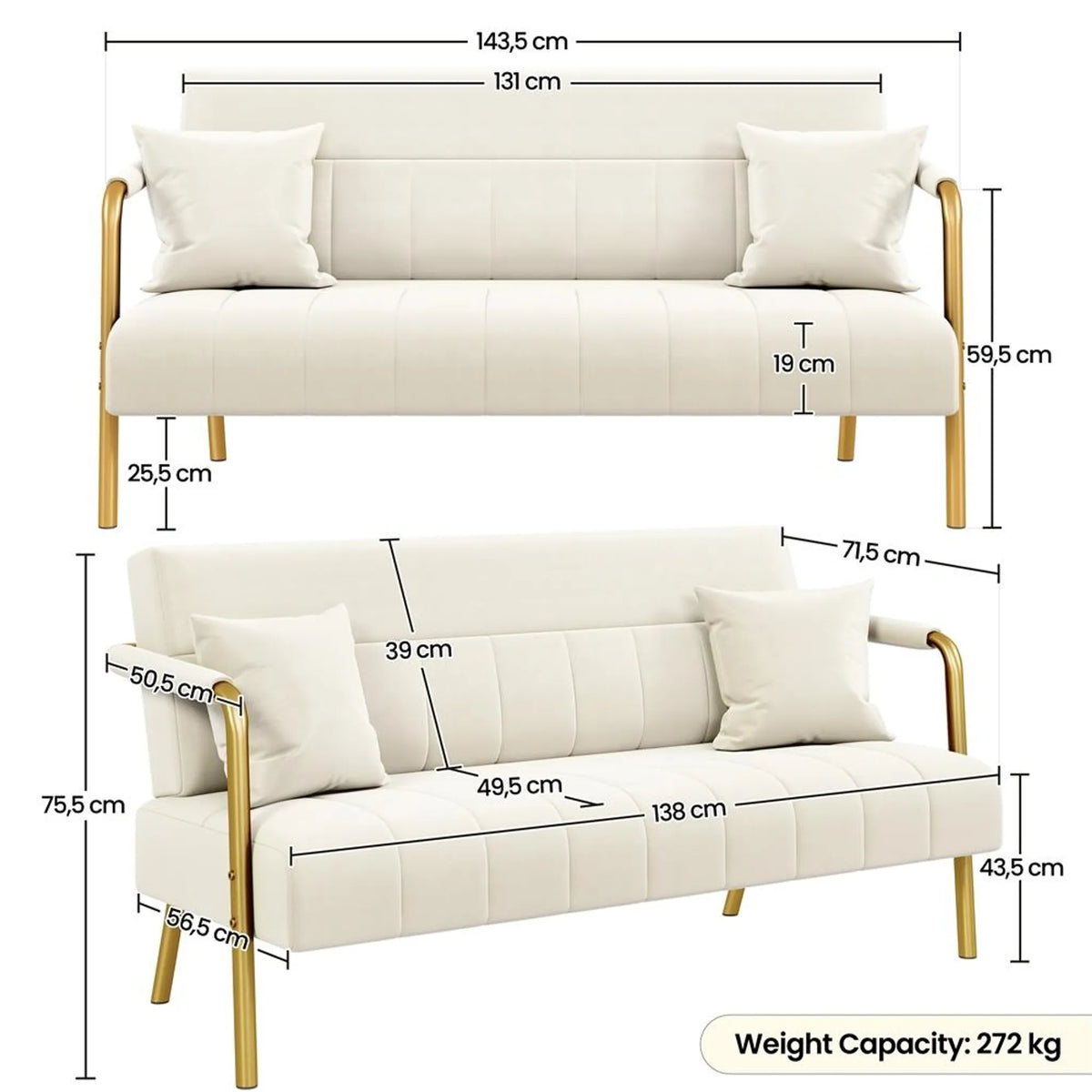 Canapé 2 places rembourré avec accoudoirs et pieds en métal, beige, 143,5 × 71,5 × 75,5 cm