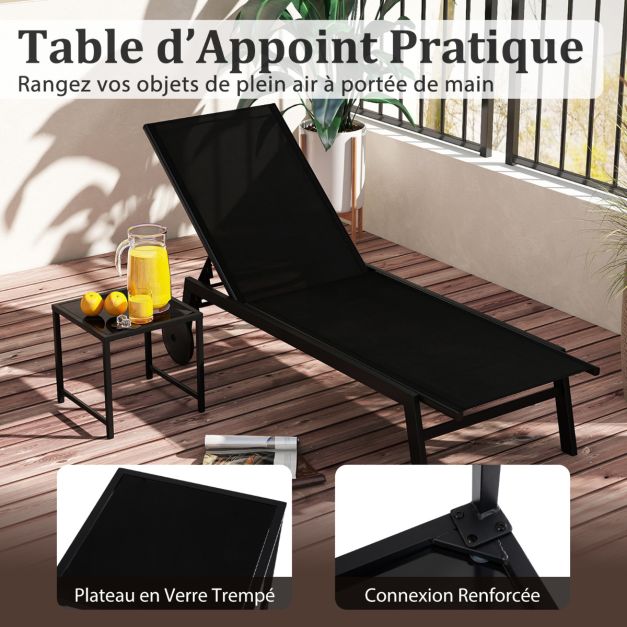Lit de bronzage Coast - 190 x 59 x 99 cm - Réglable - Mobile - Métal - Noir