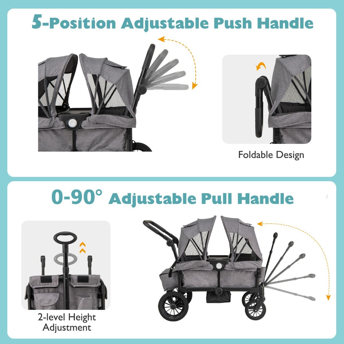 Coast 2-in-1 Foldable Geschwisterwagen - Gris - 104 x 57 x 107 cm - Poignée réglable et capuchon amovible