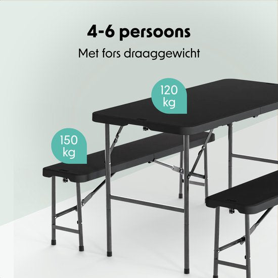 LifeGoods Set de pique-nique pliable - 124cm x 61.5cm - Table de jardin avec 2 bancs - Résistant aux intempéries - Table de camping - Table de bière pliable - Pour l'intérieur et l'extérieur - Pour 4 à 6 personnes - Noir