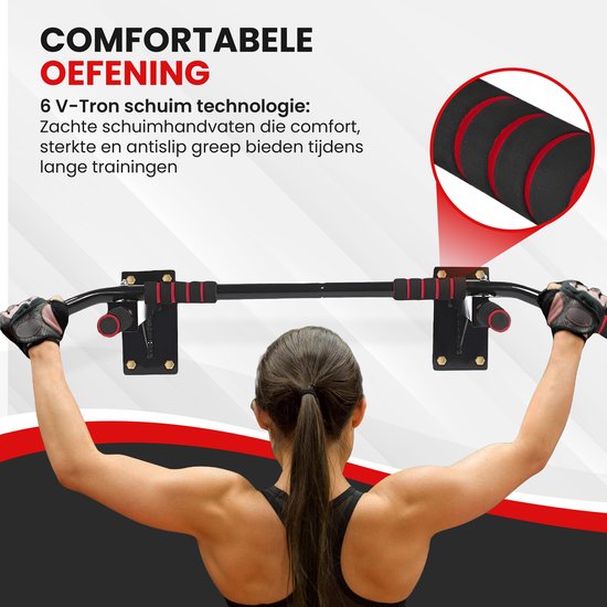 TTD® Premium Pull Up Bar - Pull Up Station - Wall Mount Pull Up Bar - Dip Station - Dip Bars - Home Sports - Home Fitness - Premium materials - Extra sturdy mounting parts - Home workout - Black/Red