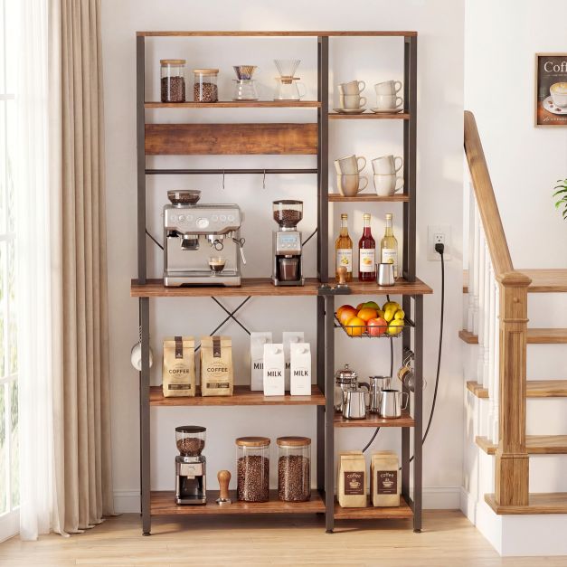 Étagère de cuisine Coast à 6 niveaux avec prise électrique - Étagère pour micro-ondes avec panier métallique coulissant, 12 crochets et port USB, 99 × 40 × 170 cm - Marron rustique/Noir