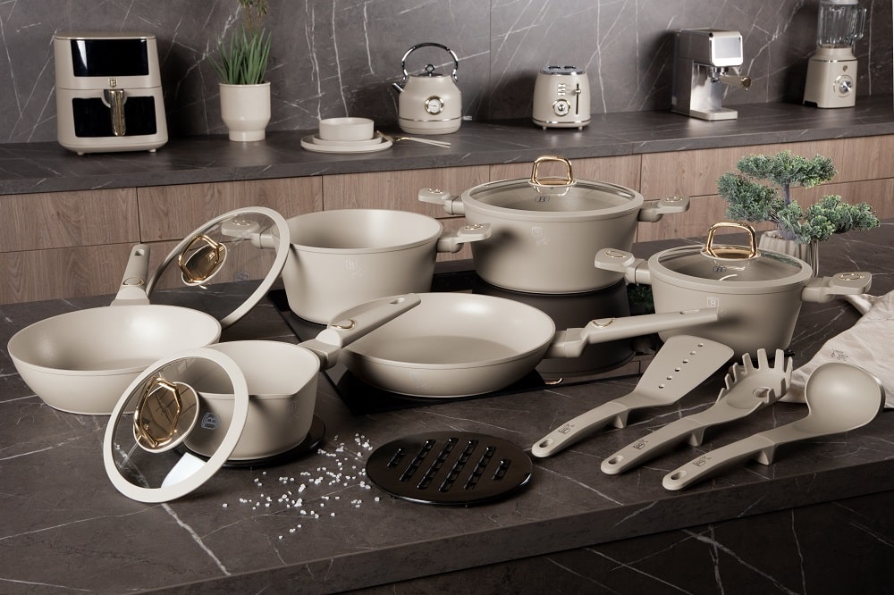 Batterie de cuisine Berlinger Haus Sahara, 15 pièces – Induction – Revêtement antiadhésif – Crème/Or