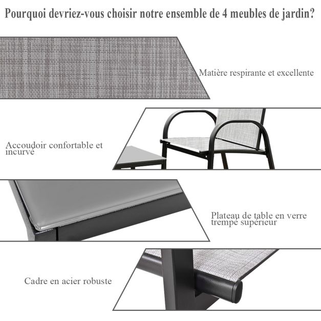Ensemble de jardin 5 pièces avec parasol suspendu de 3 m et éclairage LED - Bleu/Gris