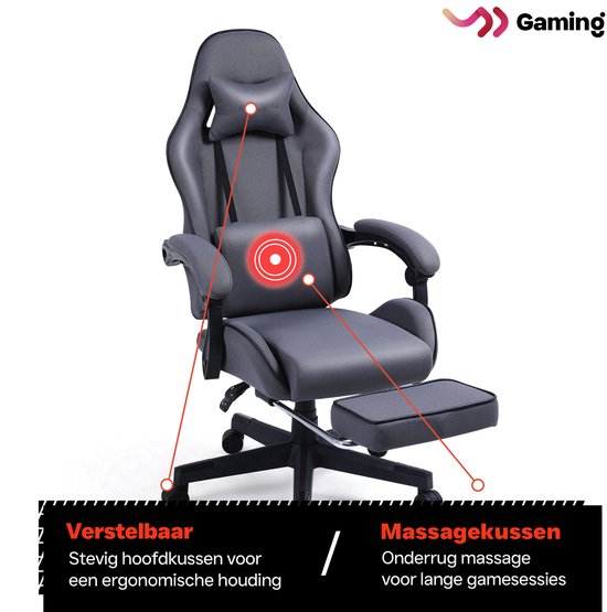 VDD - fauteuil de jeu avec repose-pieds - accoudoirs rembourrés - hauteur réglable - coussin de massage - gris
