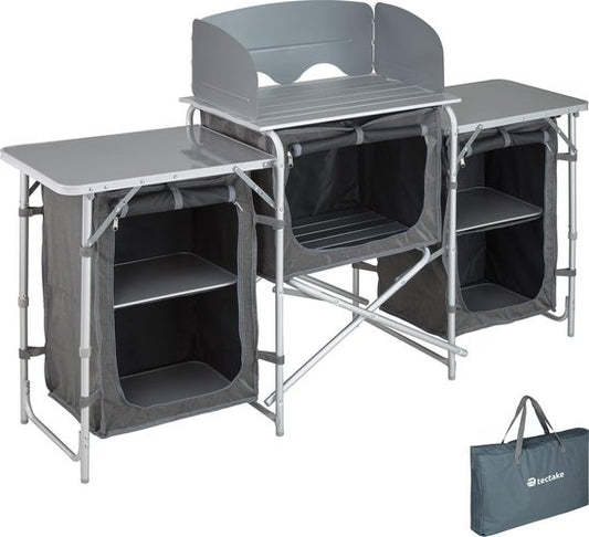 Cuisine de camping, Tectake®, 172x52x104cm, Pliable, Compartiments verrouillables & Plans de travail, Pare-vent inclus, Gris