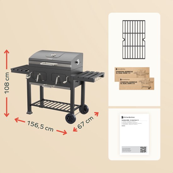 KitchenBrothers Barbecue au charbon de bois XL - Barbecue fumoir à deux zones - Avec grilles à charbon réglables et tables latérales rabattables - Sans PFAS - Surface de cuisson de 42,3 x 75,8 cm - Noir