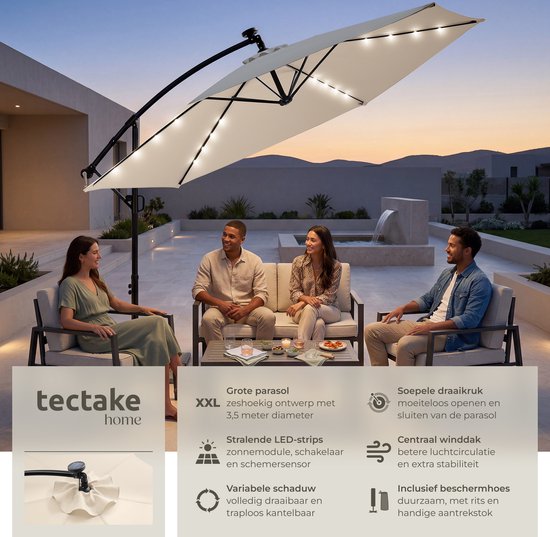 tectake® Parasol suspendu avec pied - 3,5 x 3,5 m - Parasol de jardin avec éclairage LED à énergie solaire - Orientable - Polyester hydrofuge avec protection UV - Housse incluse - Beige