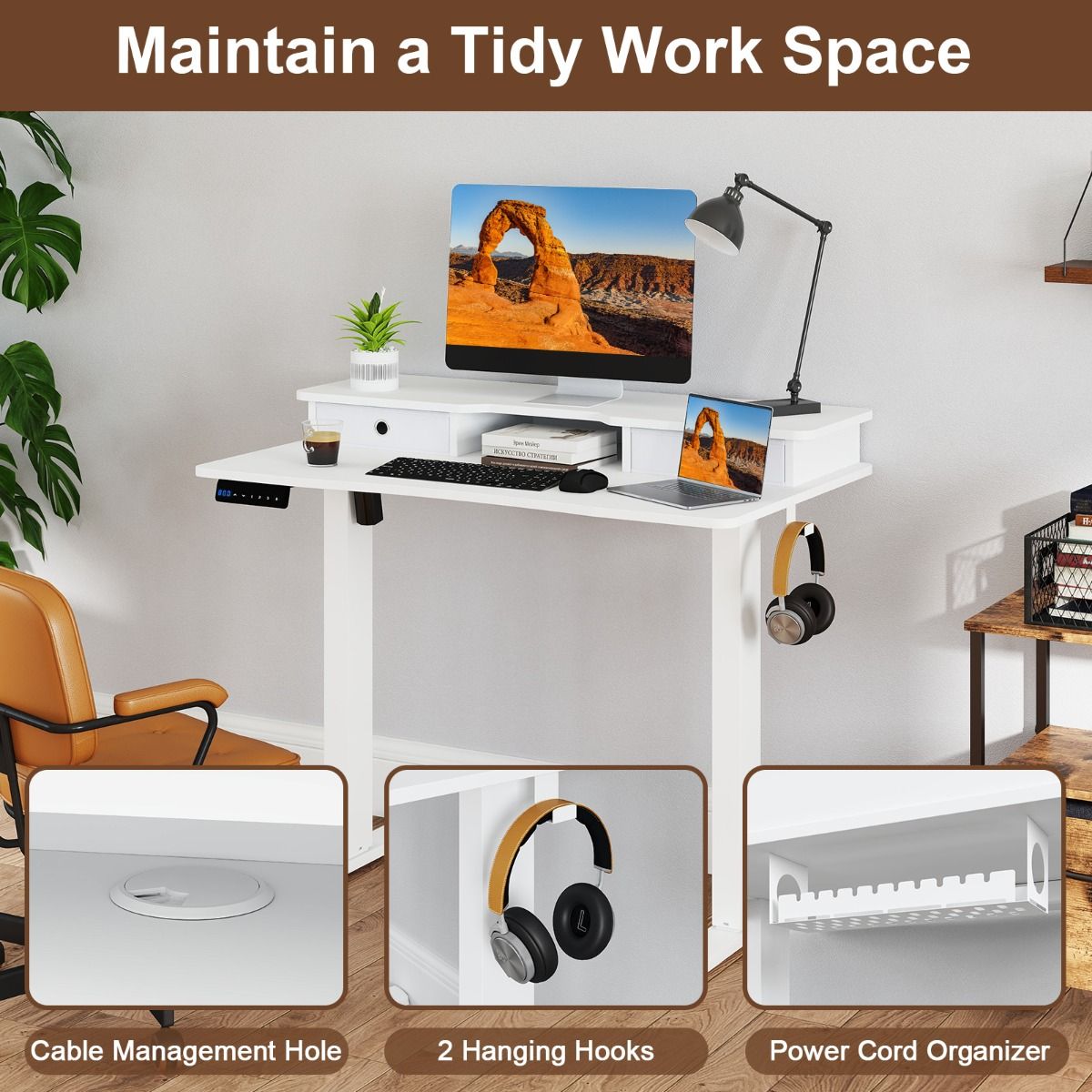 Bureau assis-debout électrique Coast - Réglable en hauteur - Avec support pour écran et tiroirs - Blanc 100 x 60 cm