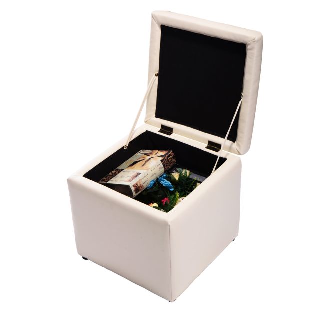 Boîte de rangement ottomane avec couvercle Boîte de rangement cubique avec charnières de sécurité Espace de rangement à l'extrémité Blanc