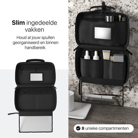 ONYX Trousse de toilette noire - Trousse de maquillage - Organisateur de cosmétiques - Disposition intelligente - Trousse de beauté et miroir de maquillage - Trousse de toilette à suspendre avec crochet - Femmes et hommes - Taille : M