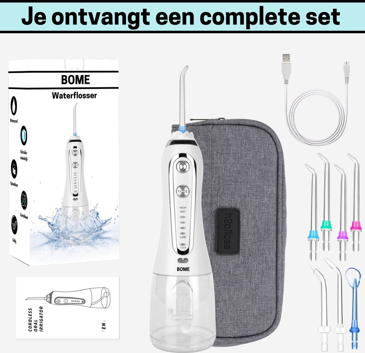 BOME Water Flosser with 7 Attachments - Oral Wash - Prevent Tartar - Cordless - 5 Stages - White