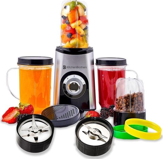 Mixeur Smoothie - KitchenBrothers - 13 Pièces - 4 Gobelets - 350W - acier inoxydable