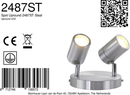 Spot à 2 faisceaux Upround 2487ST couleur acier - Orientable et inclinable - Design moderne - Ampoules incluses - Mexlite - Convient à un usage intérieur, IP44, profondeur max. 15 cm