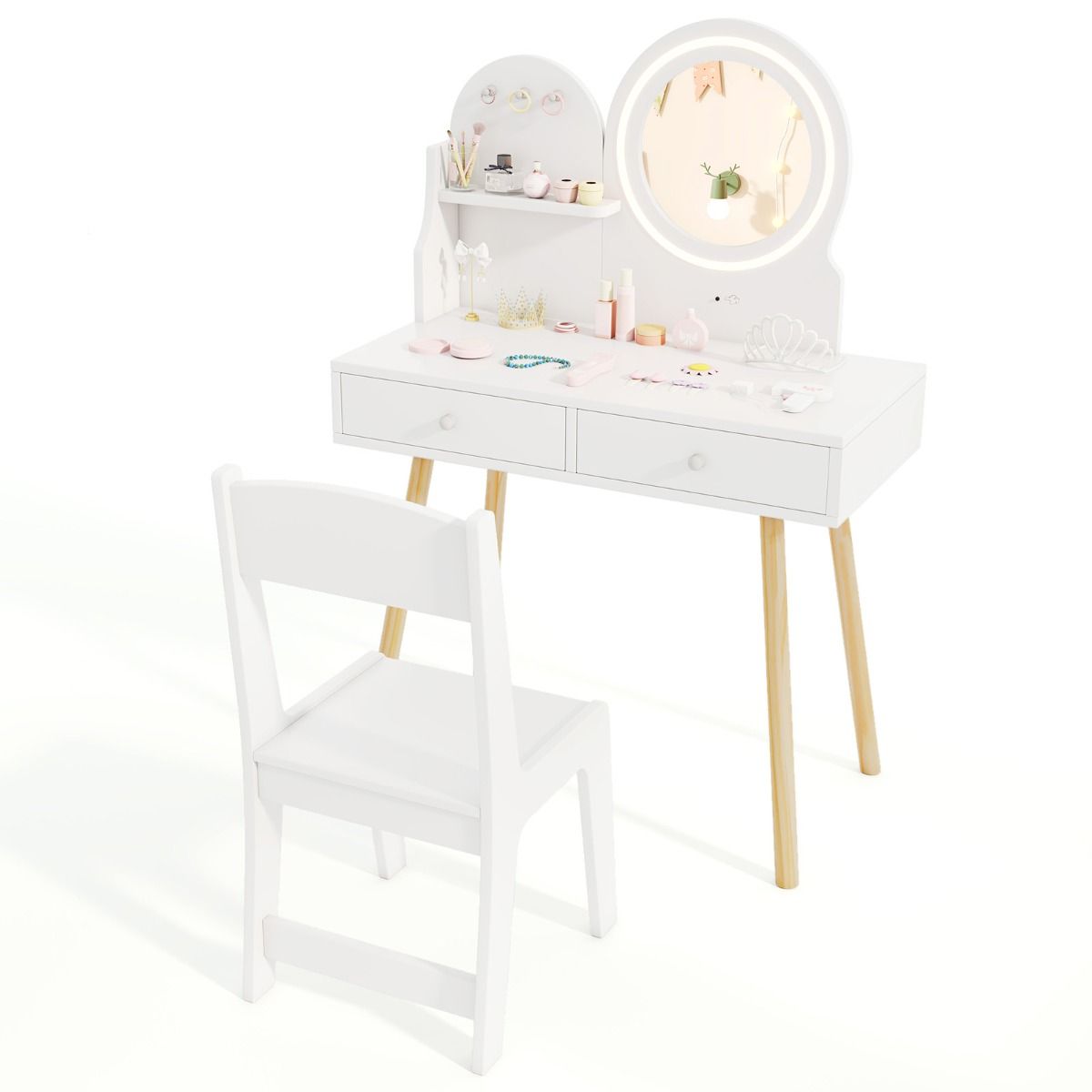 Ensemble de coiffeuse pour enfants Coast - miroir éclairé - espace de rangement avec tiroirs et crochets - blanc