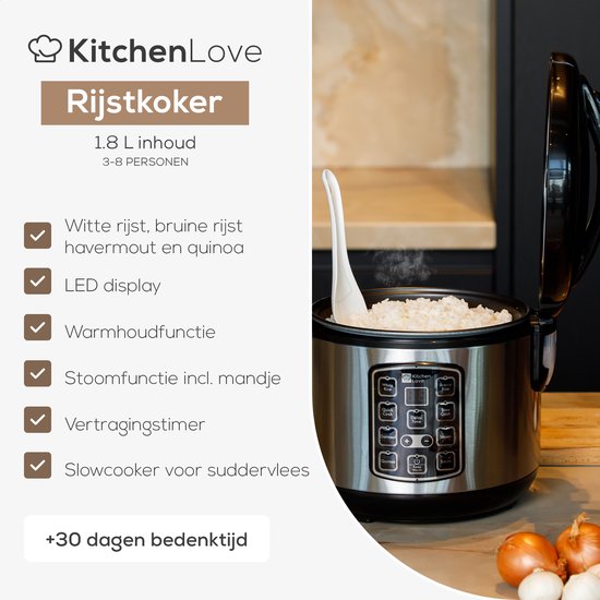 KitchenLove Rice Cooker with Steamer 1.8L - Cuiseur de riz - Fonction de réchauffage - 3 à 8 personnes - Acier inoxydable noir
