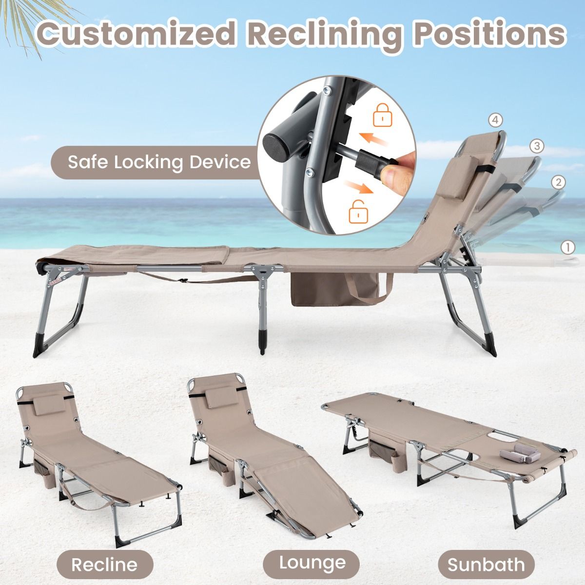 Chaise longue pliable Coast - dossier et repose-pieds réglables - avec ouverture au niveau du visage et poches latérales - beige