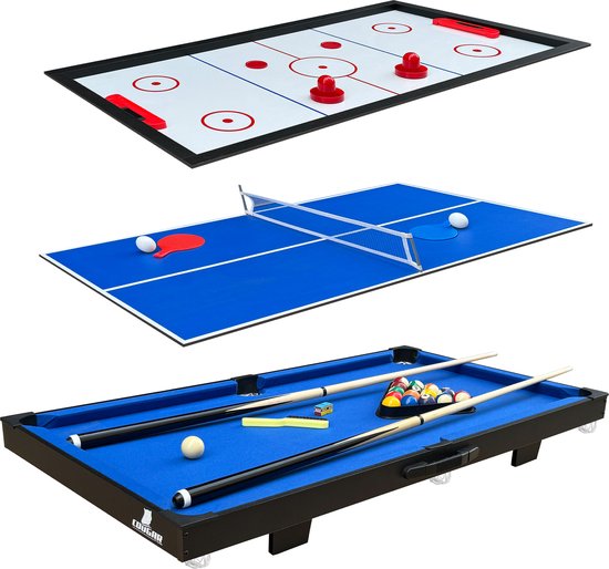 Table de jeux multifonction 3-en-1 Cougar Mini Noir-Bleu – Billard – Push Hockey – Tennis de table – Tous les accessoires inclus