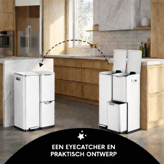 Bayt Poubelle - Poubelle 60 litres - Poubelle 60 litres - Poubelle à pédale 60 litres - Poubelle tri sélectif - Poubelle 3 compartiments - Poubelle - inox - Blanc