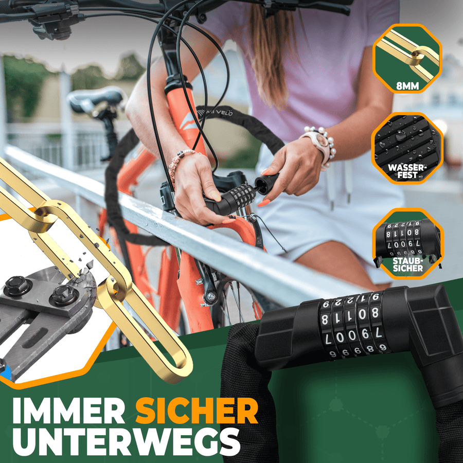 MIVELO Cadenas de chaîne de vélo avec code numérique - 100 cm - Acier au carbone - Résistant à l'eau - Noir