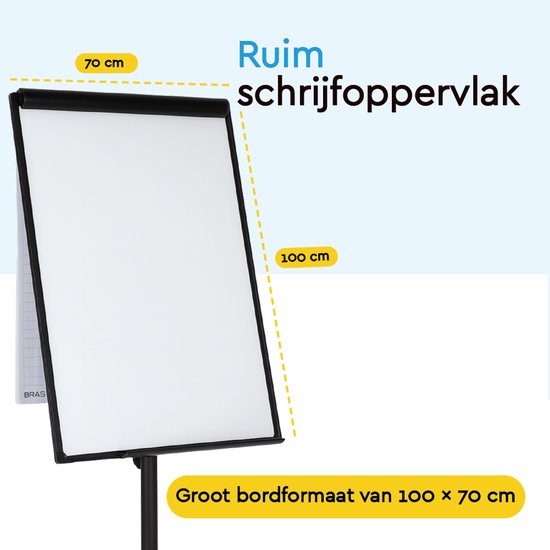 BRASQ Flipchart Mobile - 70x100 cm - Tableau blanc ajustable - Comprend 25 feuilles de papier, 4 marqueurs, 8 aimants, une gomme - Flipchart avec trombone et crochets - Tableau magnétique - Tableau magnétique - Noir