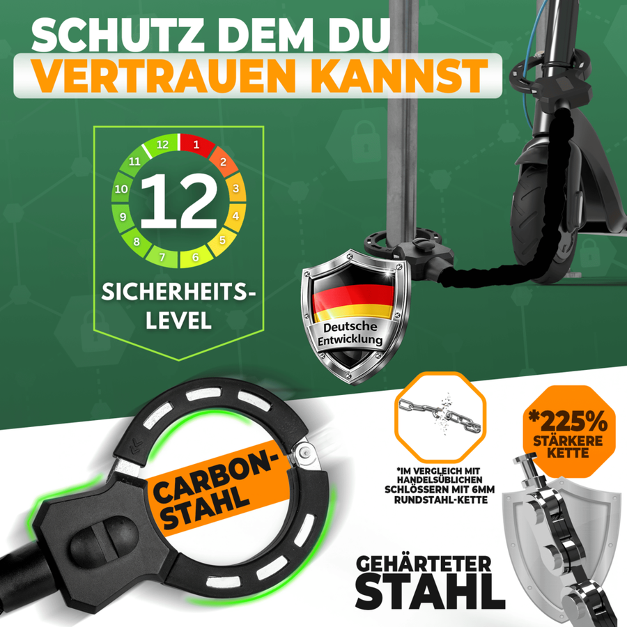 Antivol robuste pour trottinette électrique et vélo avec chaîne en acier trempé de 14 mm – 60 cm – Antivol à gant – Support et 3 clés inclus