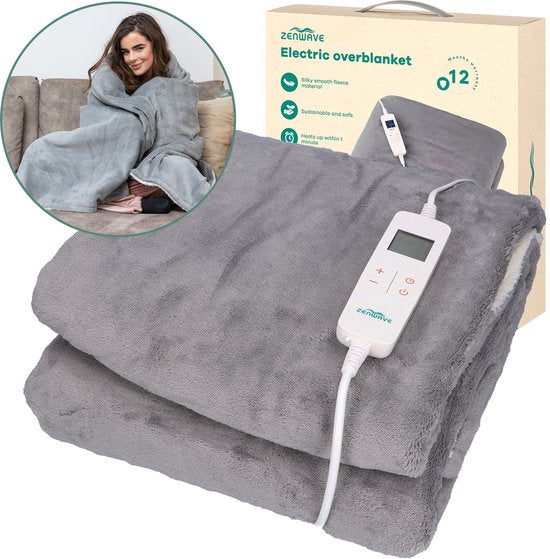 Couverture électrique Zenwave 180x130cm - Résistance à la machine à laver Couverture grise - Couverture chauffante à 10 réglages - Plaid chauffant en polaire ultra doux - Couverture électrique - Camping et plein air - 1 personne