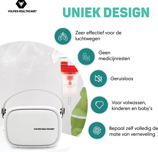 Vulpes Goods® HealthCare - Dispositif d'aérosol - Nébuliseur ultrasonique - Nébuliseur - Dispositif d'inhalation pour enfants, adultes et bébés - mode infini - Aide à lutter contre les maladies respiratoires - 3 embouts buccaux inclus