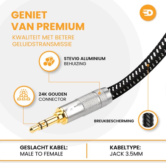 Drivv. Premium AUX Extension Cable - 5 mètres - Jack Male to 3.5 mm Female - Audio Extension Cable - Jack Extension Cable - Nylon