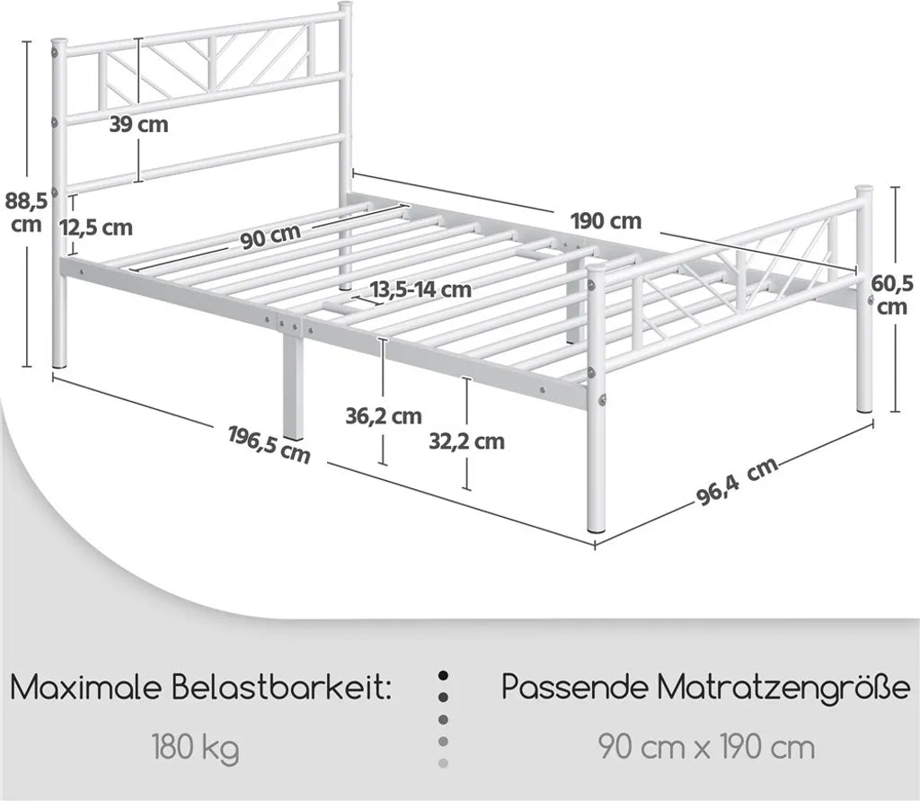Yaheetech : cadre de lit en métal 90 x 190 cm avec tête de lit, blanc