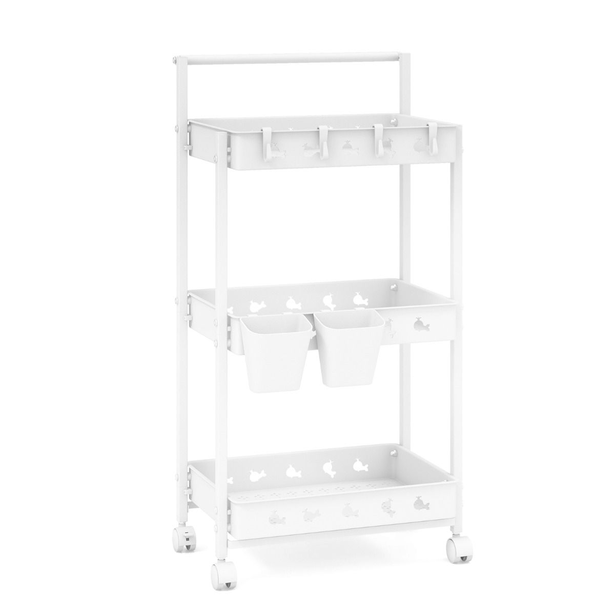 Chariot de rangement Coast - 3 niveaux - avec crochets et bacs - blanc 42 x 29 x 83 cm