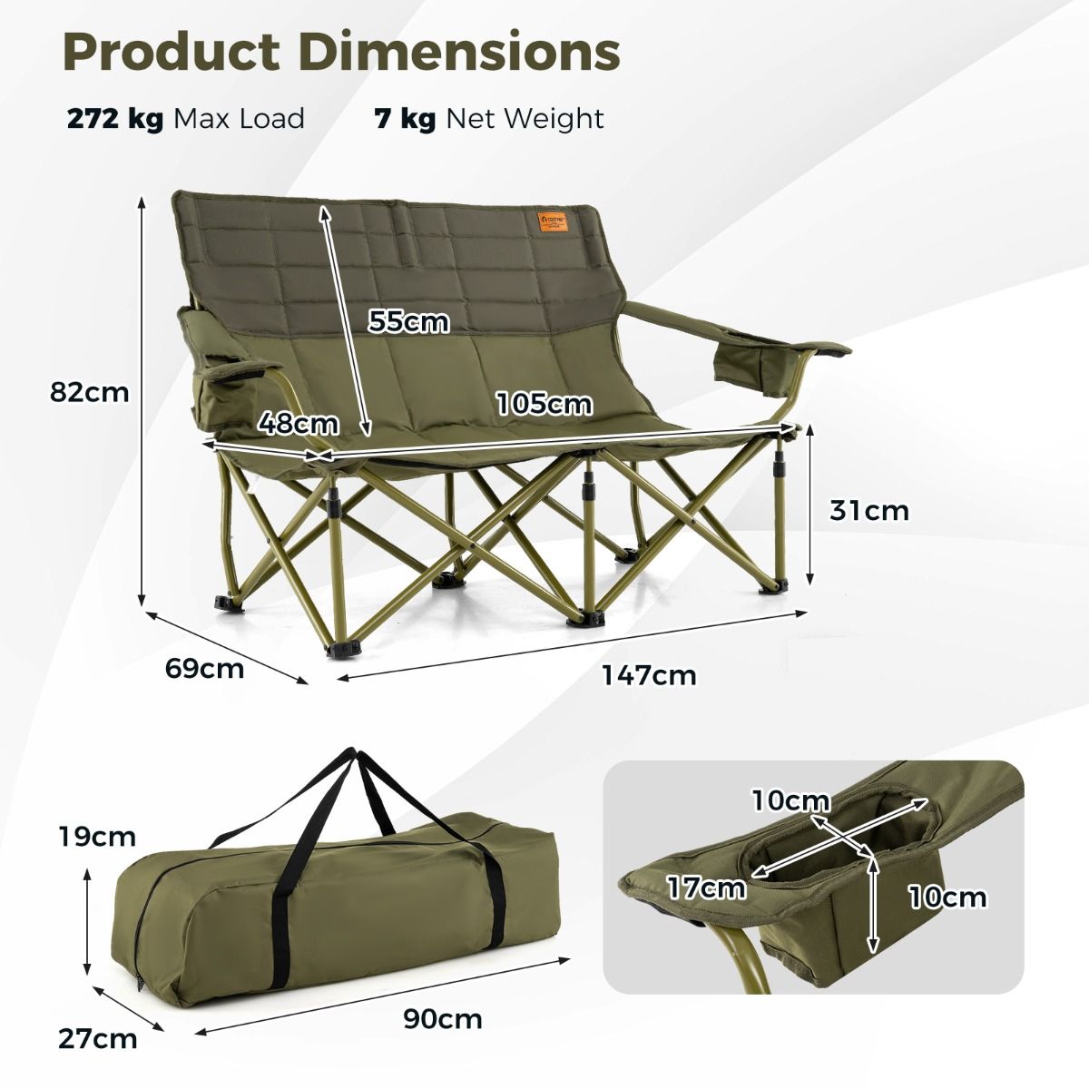 Chaise de camping pliable Coast Oversized - Utilisation en extérieur - 300 kg - 149 x 70 x 80 cm - Bleu