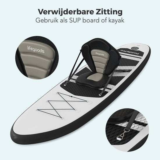 LifeGoods SUP Board - avec siège - Inflatable Paddle Board - Set complet - Max. 135KG - 320x81cm - Blanc/Noir