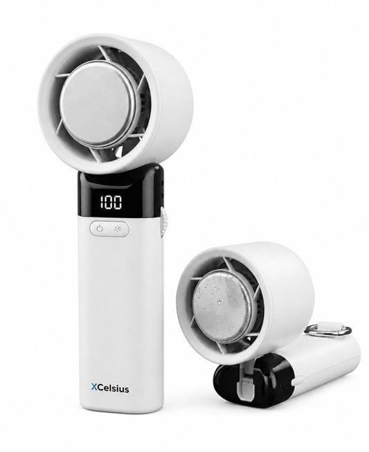 Ventilateur portable XCelsius® - Mini-ventilateur pliable - Rechargeable via USB-C - Réglage continu de 0 % à 100 % - Avec plaque de refroidissement instantanée - Blanc
