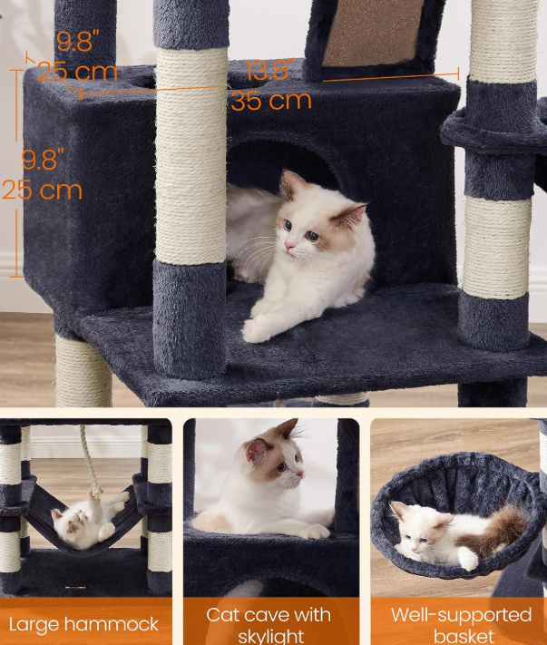 Songmics Arbre à chat 168 cm - Tour pour chat avec 13 poteaux à griffer - Gris fumé