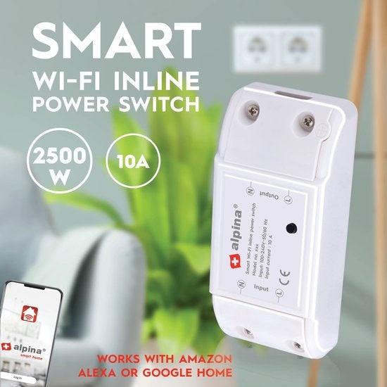alpina Smart Home - Interrupteur intelligent - 230V/10A - Montage dans le câble - Programmation - alpina Smart Home App - Google Home - Amazon Alexa