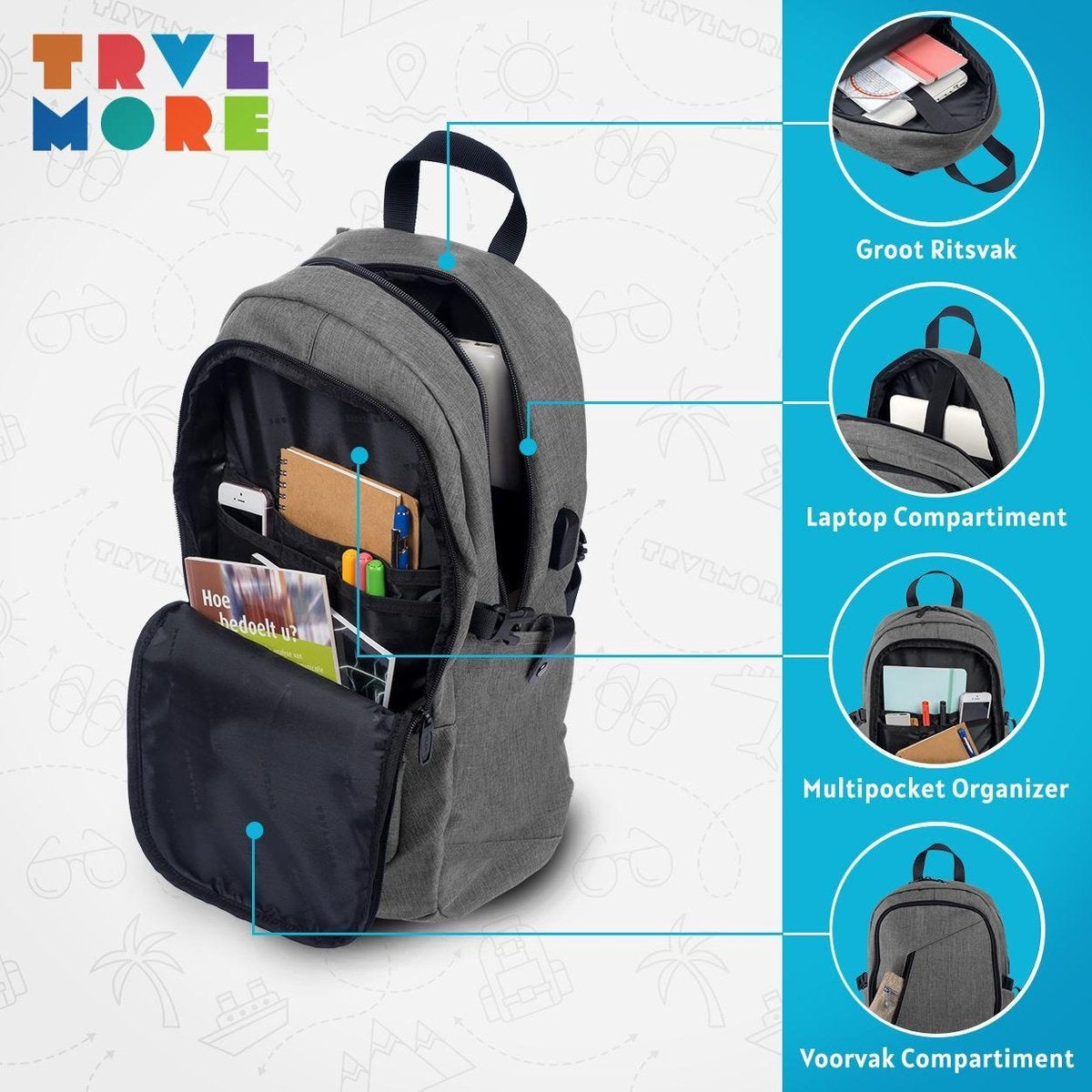 TRVLMORE Sac à dos - 25L - 15.6 inch - Sac à dos pour ordinateur portable - Sac d'école - Unisexe - Gris anti-éclaboussures