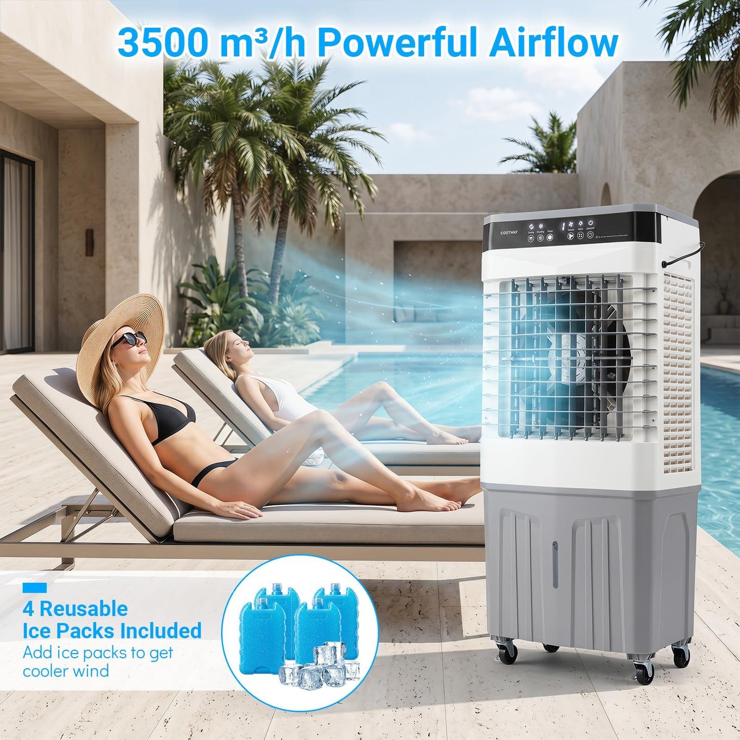 Ventilateur portable et refroidisseur d'air Coast avec télécommande - Réservoir d'eau de 27 L - 3 vitesses - 49 x 31 x 109 cm - Blanc/Gris