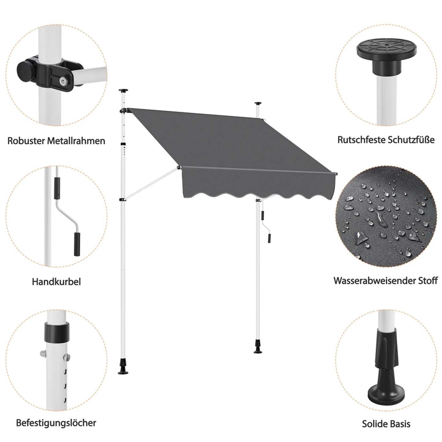Yaheetech Clamp Sunshade With Hand Crank - With Height Adjustable Telescopic Rods And Water Repellent Cloth And Protective Feet - For Balcony And Terrace - Dark Grey Polyester And Metal - 150 x 180 x 210-300 cm