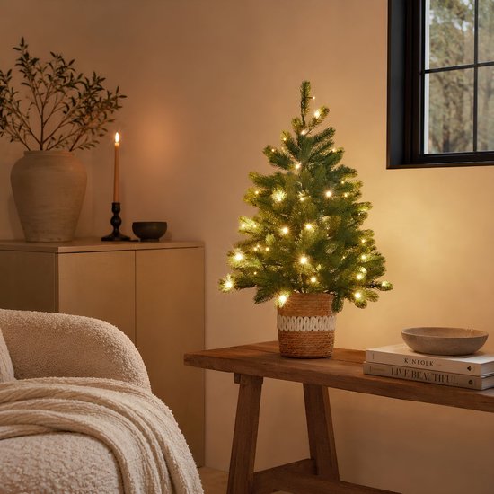 Black Box Trees Nagoya : sapin de Noël artificiel avec éclairage - Sapin artificiel H 90 x P 42 cm - Sapin de Noël artificiel dans un pot en plastique - Décoration de Noël d'intérieur - Avec pile et minuterie - 175 branches - Vert