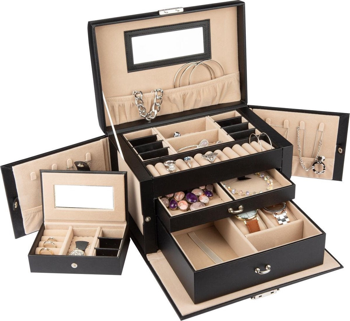 LifeGoods Boîte à bijoux XL - Boîte à bijoux - 20 compartiments - Noir/Beige
