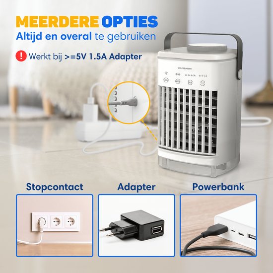 Vulpes Goods® Tech - Mini Airco PRO - Climatiseur mobile - Rafraîchisseur d'air 4en1 - Rafraîchisseur d'air - Ventilateur de table - 4 vitesses de vent, 2 modes d'humidification et minuterie - Etanche - Blanc