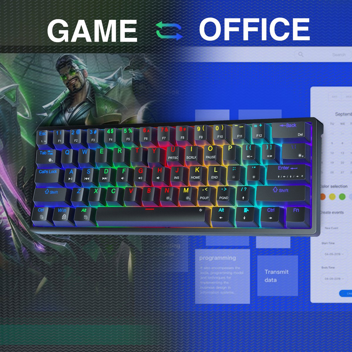 AULA F3261 - Clavier de jeu filaire - Mécanique - Full RGB - 61 touches - Commutateur rouge - Hot swap - Claviers Qwerty - Noir