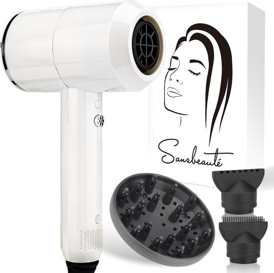 Sansbeauté® Hair Dryer with Diffuser - Ionic Hair Dryer - Brush - Travel Hair Dryer - 3 Attachments - Curls - Coolshot - 3 Stages - Hair Dryer with Diffuser - Hair Dryer - 2000W - White