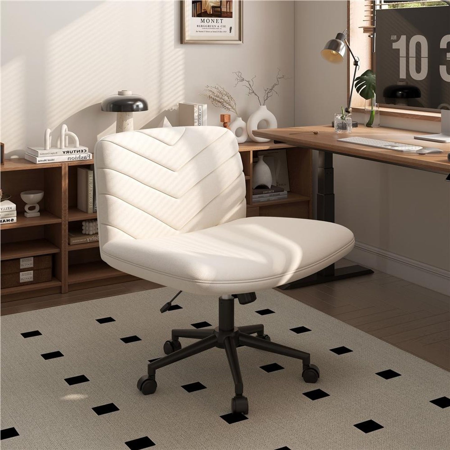Chaise de bureau Yaheetech à large assise - Chaise pivotante ergonomique avec dossier - Réglable en hauteur - 66 x 64,5 x 82-91,5 cm - Beige
