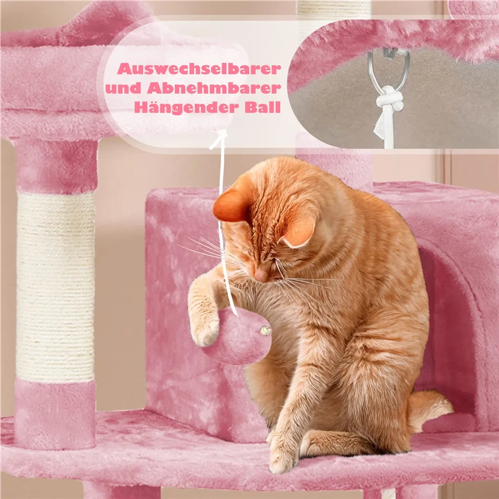 Arbre à chat Yaheetech 158 cm - Rose - Arbre à chat avec 2 grottes, un hamac et des poteaux en sisal
